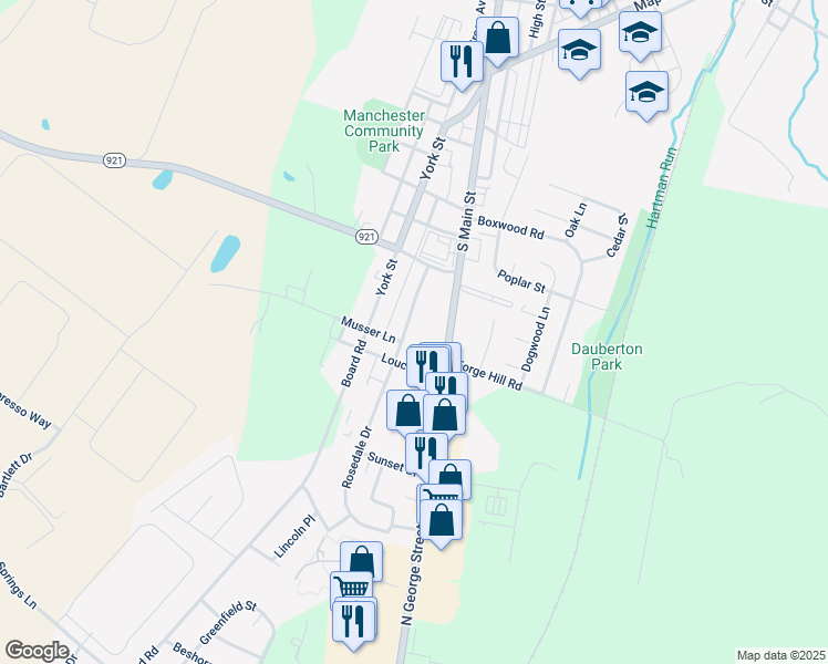 map of restaurants, bars, coffee shops, grocery stores, and more near 239 Cloverlane Drive in Manchester