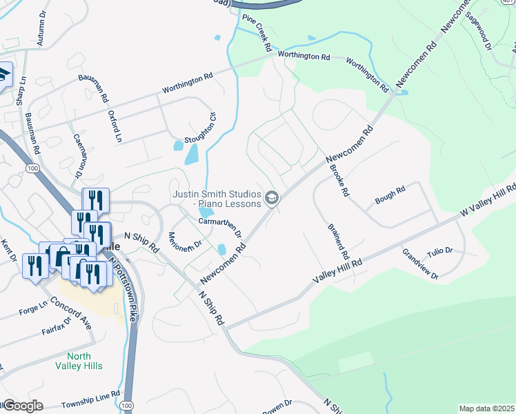 map of restaurants, bars, coffee shops, grocery stores, and more near 415 Newcomen Road in Exton