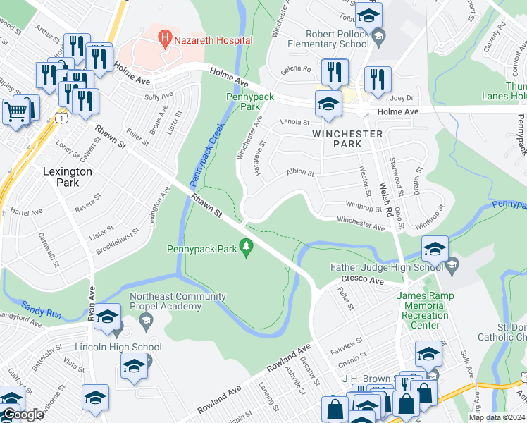 map of restaurants, bars, coffee shops, grocery stores, and more near 3025 Winchester Avenue in Philadelphia