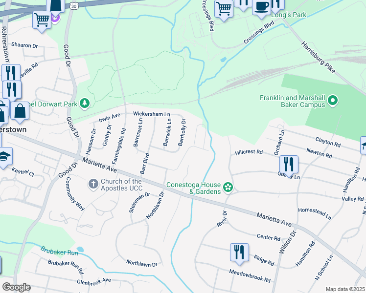 map of restaurants, bars, coffee shops, grocery stores, and more near 743 Barrholly Drive in Lancaster