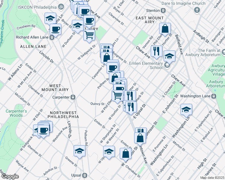 map of restaurants, bars, coffee shops, grocery stores, and more near 20 Westview St in Philadelphia