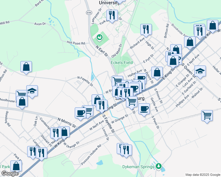 map of restaurants, bars, coffee shops, grocery stores, and more near 23 West Burd Street in Shippensburg