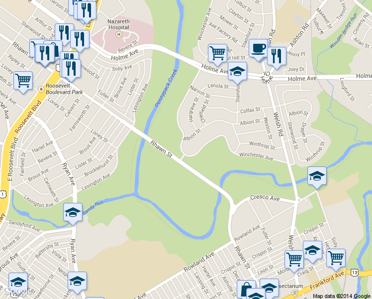 map of restaurants, bars, coffee shops, grocery stores, and more near 3013 Winchester Avenue in Philadelphia