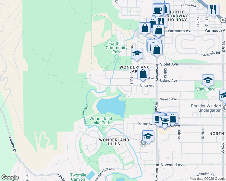 map of restaurants, bars, coffee shops, grocery stores, and more near 700 Utica Avenue in Boulder