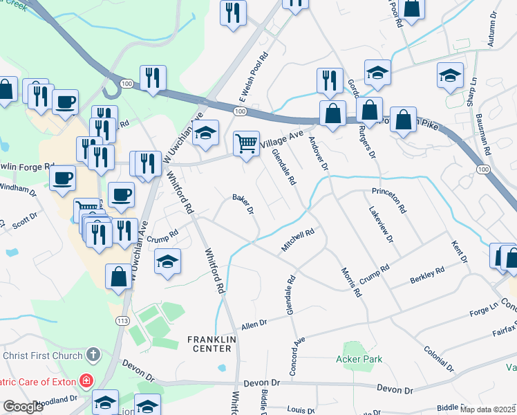 map of restaurants, bars, coffee shops, grocery stores, and more near 133 Baker Drive in Exton