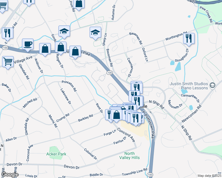 map of restaurants, bars, coffee shops, grocery stores, and more near 47 Surrey Way in Exton