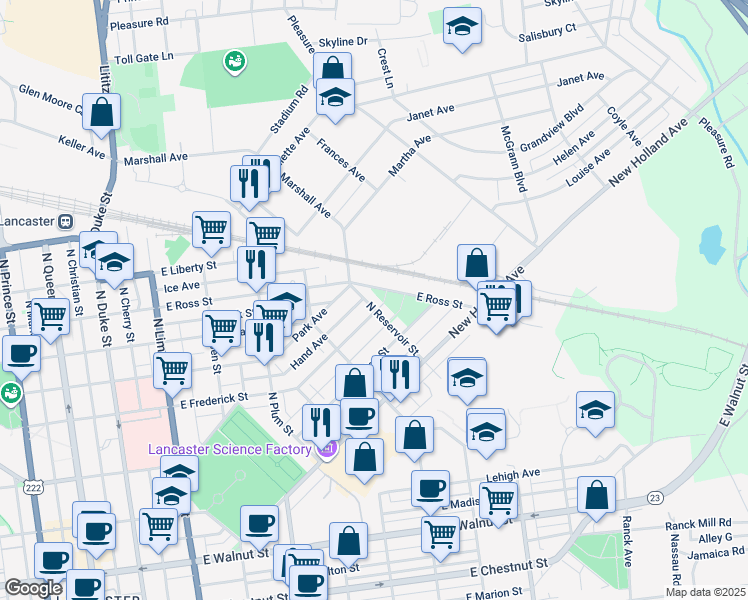map of restaurants, bars, coffee shops, grocery stores, and more near 809 North Reservoir Street in Lancaster