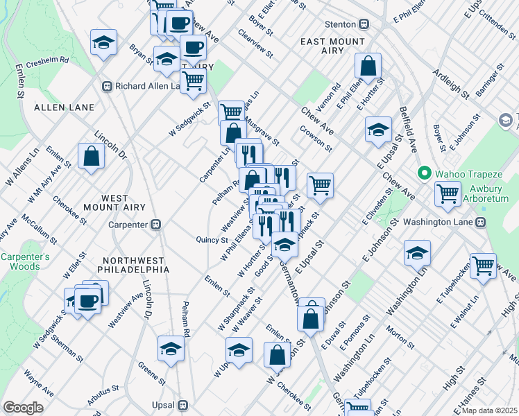 map of restaurants, bars, coffee shops, grocery stores, and more near Germantown Ave & E Phil Ellena St in Philadelphia