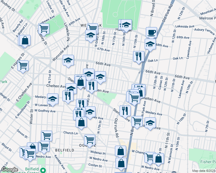 map of restaurants, bars, coffee shops, grocery stores, and more near 6425 North 17th Street in Philadelphia
