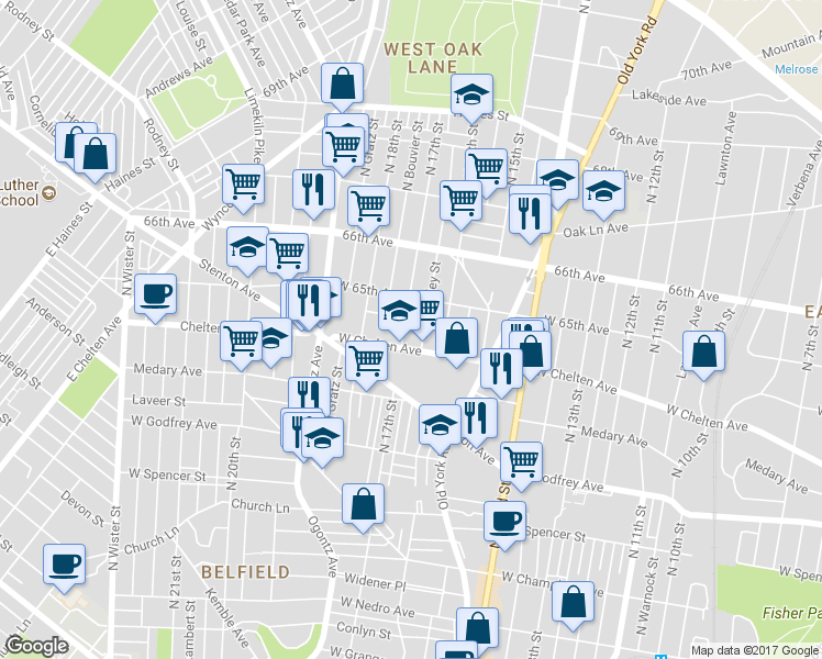 map of restaurants, bars, coffee shops, grocery stores, and more near 6425 North 17th Street in Philadelphia
