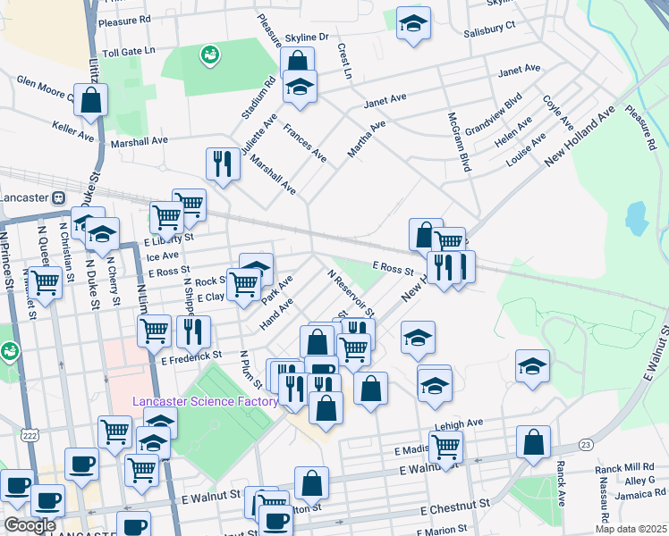 map of restaurants, bars, coffee shops, grocery stores, and more near 809 North Reservoir Street in Lancaster