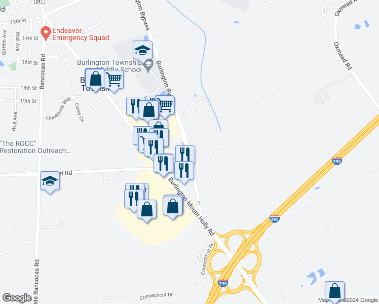 map of restaurants, bars, coffee shops, grocery stores, and more near in Burlington Township