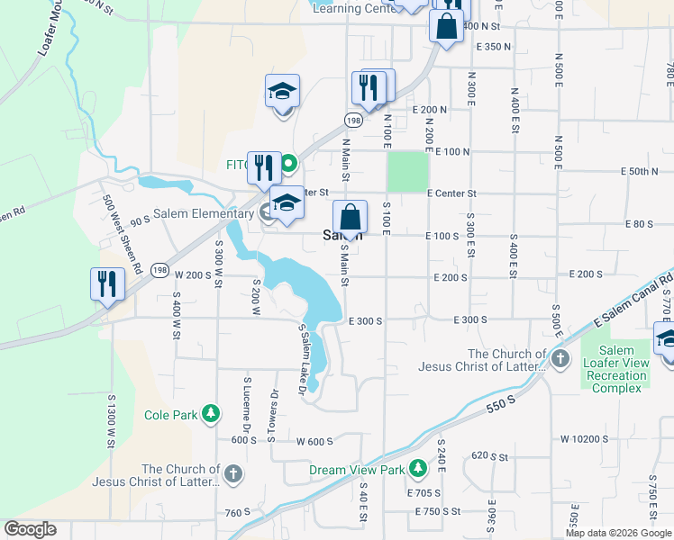 map of restaurants, bars, coffee shops, grocery stores, and more near 170 South Main Street in Salem