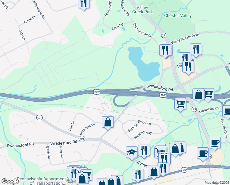 map of restaurants, bars, coffee shops, grocery stores, and more near U.S. 202 in Malvern