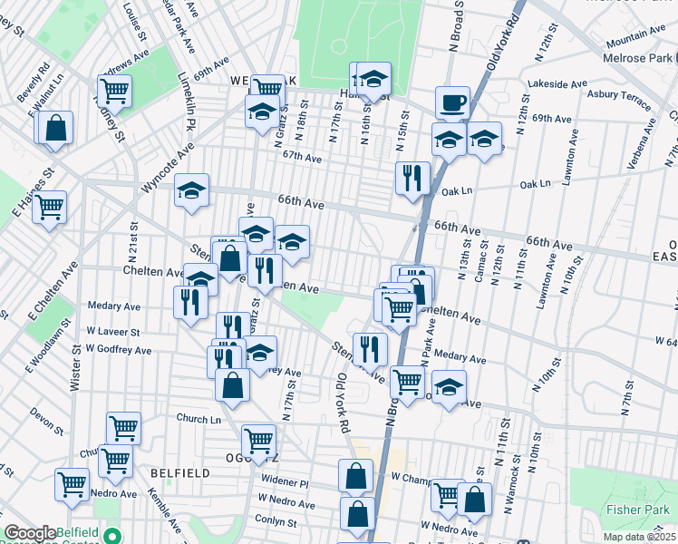 map of restaurants, bars, coffee shops, grocery stores, and more near 6428 North 16th Street in Philadelphia