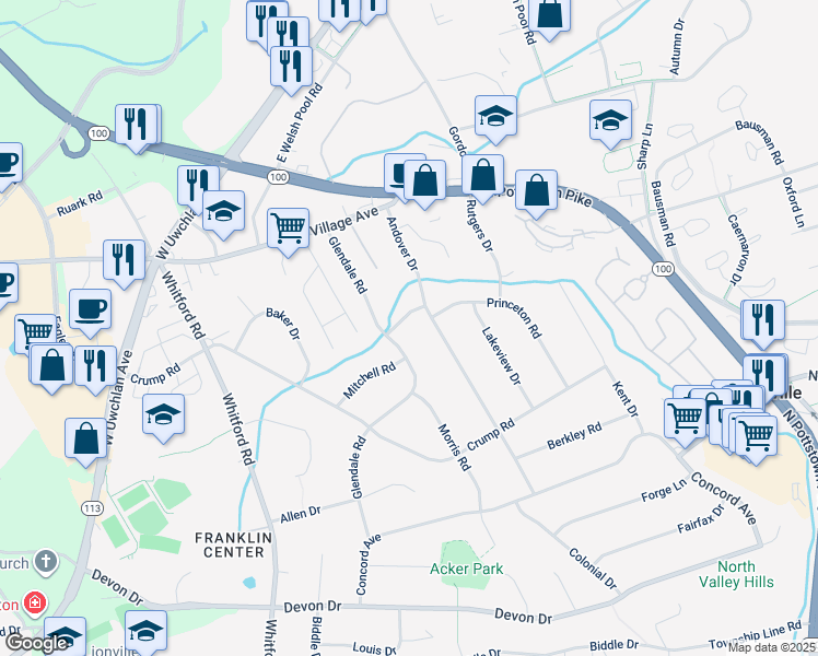 map of restaurants, bars, coffee shops, grocery stores, and more near 304 Cornell Drive in Exton