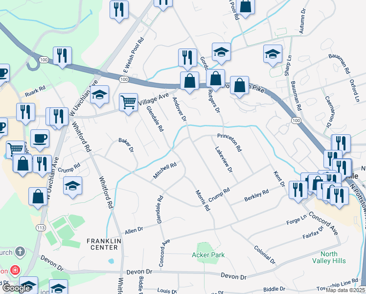 map of restaurants, bars, coffee shops, grocery stores, and more near 304 Cornell Drive in Exton