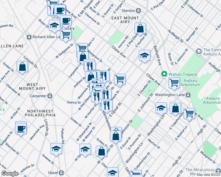 map of restaurants, bars, coffee shops, grocery stores, and more near 89 East Montana Street in Philadelphia