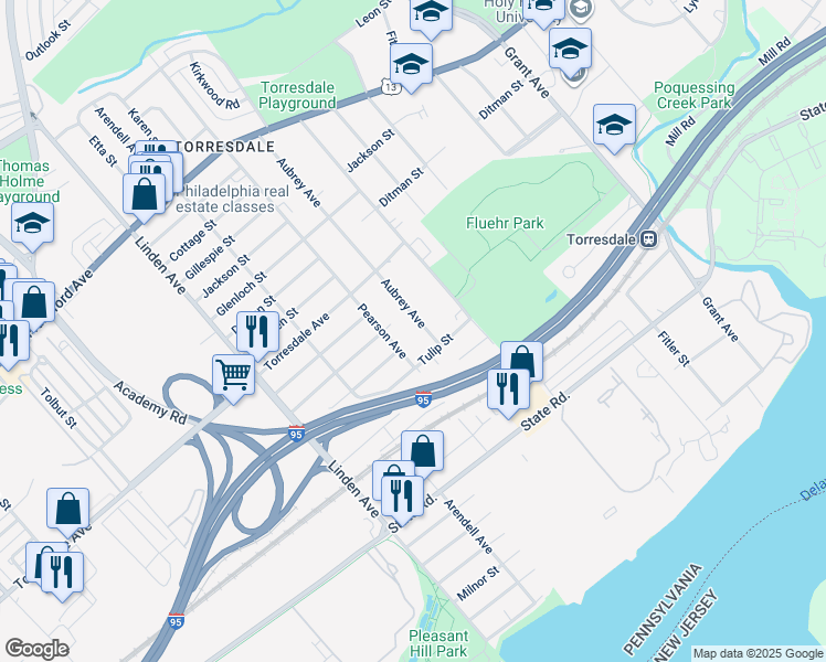 map of restaurants, bars, coffee shops, grocery stores, and more near 4816 Aubrey Avenue in Philadelphia
