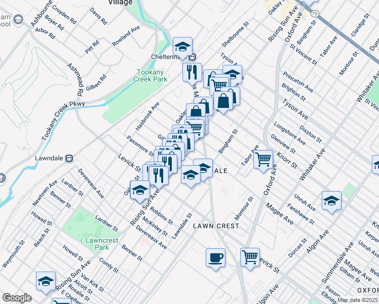 map of restaurants, bars, coffee shops, grocery stores, and more near 6535 Rising Sun Avenue in Philadelphia