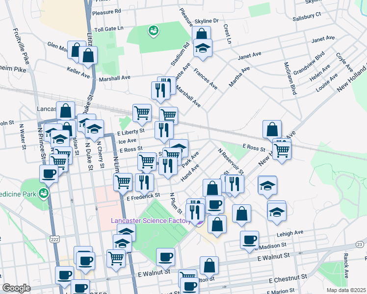 map of restaurants, bars, coffee shops, grocery stores, and more near 444 East Ross Street in Lancaster