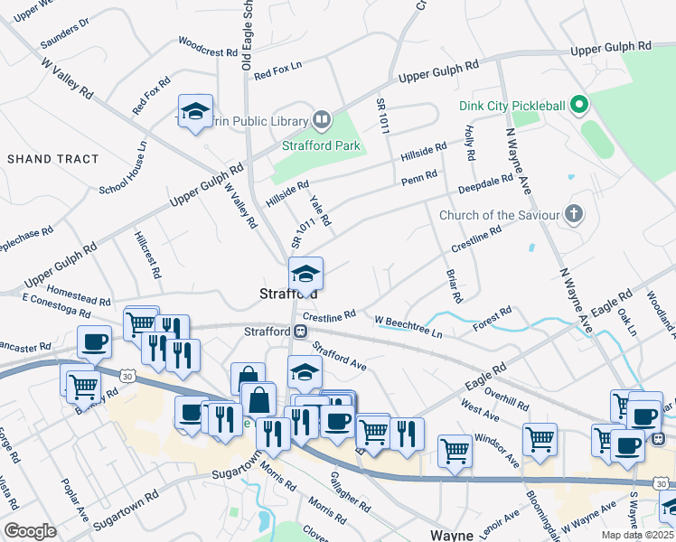 map of restaurants, bars, coffee shops, grocery stores, and more near 3 Private Way in Wayne