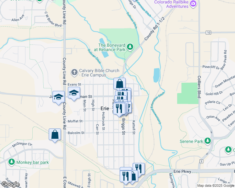 map of restaurants, bars, coffee shops, grocery stores, and more near 235 Cheesman Street in Erie