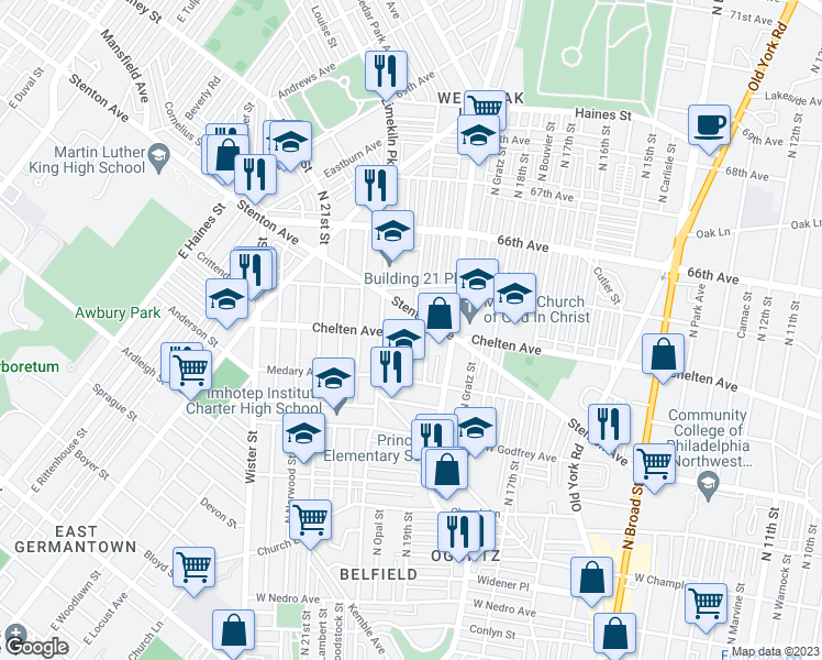 map of restaurants, bars, coffee shops, grocery stores, and more near 1940 West Chelten Avenue in Philadelphia