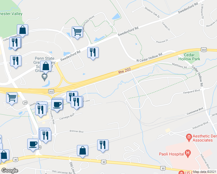 map of restaurants, bars, coffee shops, grocery stores, and more near 85 Matthews Road in Malvern