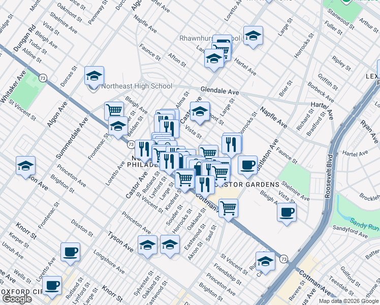 map of restaurants, bars, coffee shops, grocery stores, and more near 2046 Bleigh Avenue in Philadelphia