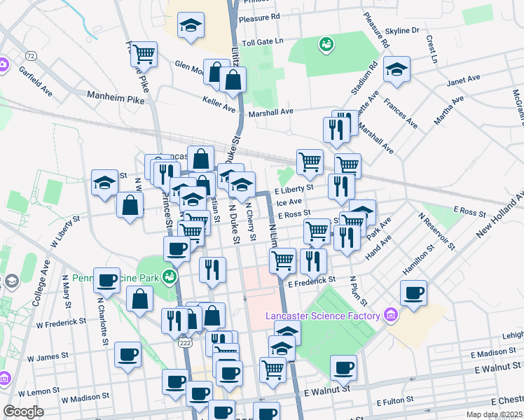 map of restaurants, bars, coffee shops, grocery stores, and more near 915 Lititz Avenue in Lancaster