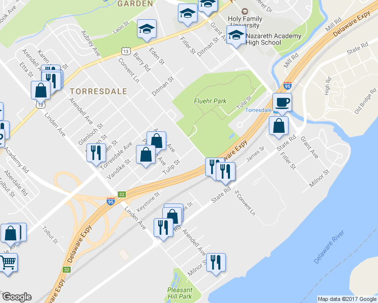 map of restaurants, bars, coffee shops, grocery stores, and more near 9543 Tulip Street in Philadelphia