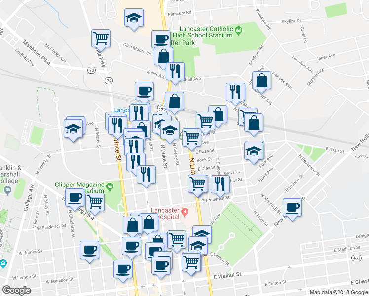 map of restaurants, bars, coffee shops, grocery stores, and more near 915 Lititz Avenue in Lancaster