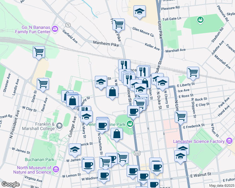map of restaurants, bars, coffee shops, grocery stores, and more near in Lancaster
