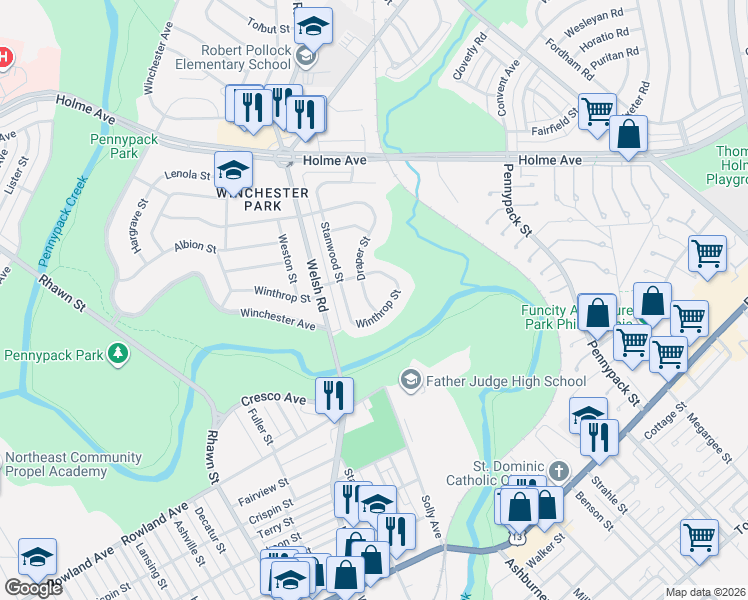 map of restaurants, bars, coffee shops, grocery stores, and more near 3163 Stanwood Street in Philadelphia