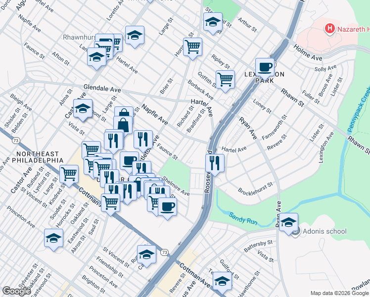 map of restaurants, bars, coffee shops, grocery stores, and more near 7605 Bradford Street in Philadelphia