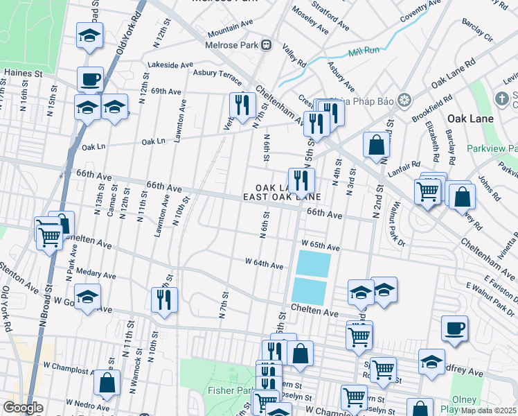 map of restaurants, bars, coffee shops, grocery stores, and more near 6515 North 6th Street in Philadelphia