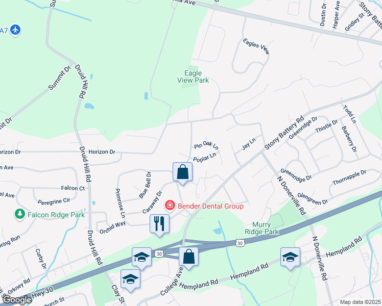 map of restaurants, bars, coffee shops, grocery stores, and more near 3360 Poplar Lane in Mountville