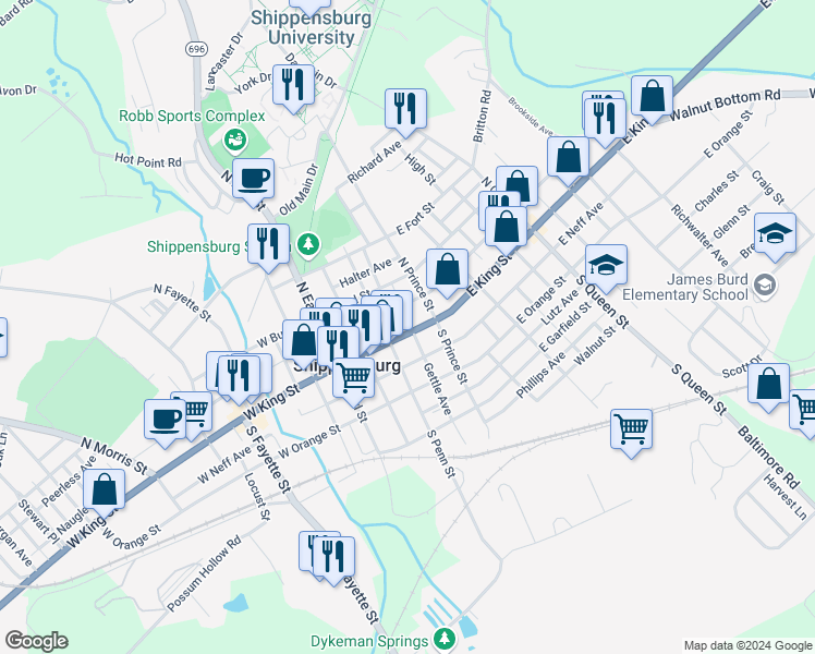 map of restaurants, bars, coffee shops, grocery stores, and more near 123 East King Street in Shippensburg