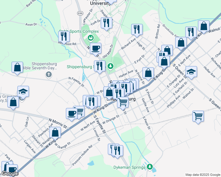 map of restaurants, bars, coffee shops, grocery stores, and more near 28 North Earl Street in Shippensburg