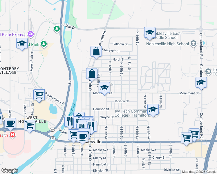 map of restaurants, bars, coffee shops, grocery stores, and more near 1164 Monument Street in Noblesville