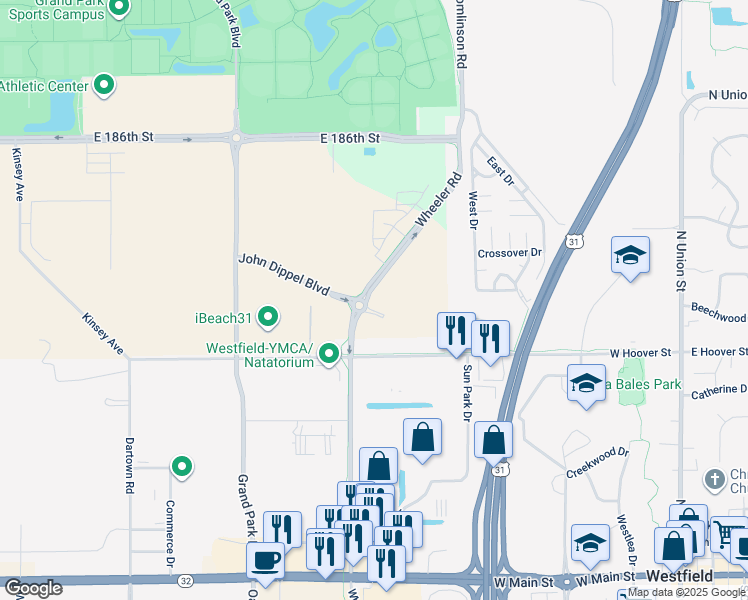 map of restaurants, bars, coffee shops, grocery stores, and more near Wheeler Road in Westfield