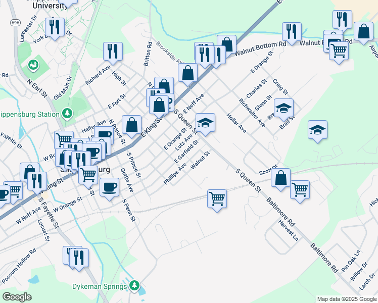 map of restaurants, bars, coffee shops, grocery stores, and more near 322 East Garfield Street in Shippensburg