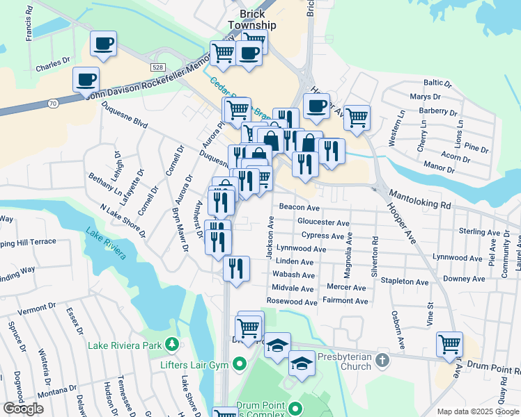 map of restaurants, bars, coffee shops, grocery stores, and more near 515 Brick Boulevard in Brick