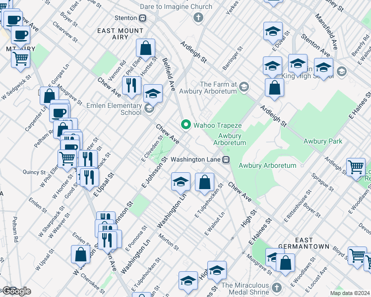 map of restaurants, bars, coffee shops, grocery stores, and more near Chew Ave & E Brinton St in Philadelphia