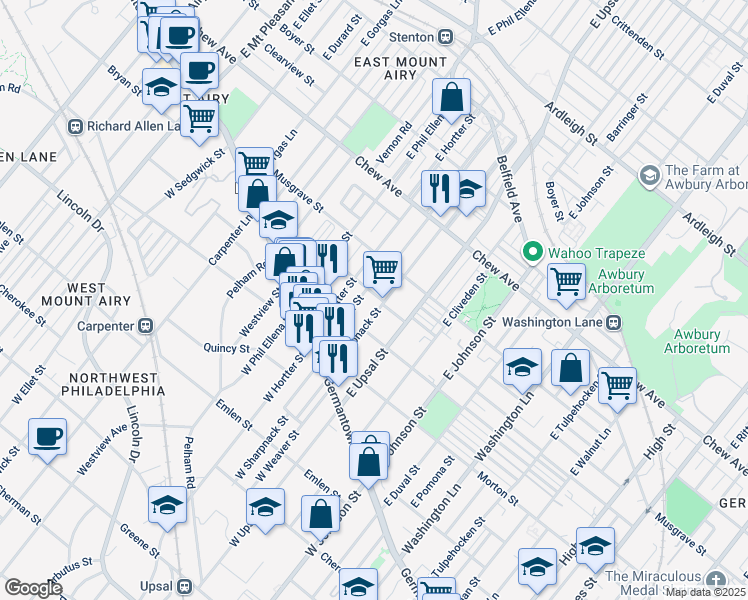 map of restaurants, bars, coffee shops, grocery stores, and more near 6612 Ross Street in Philadelphia