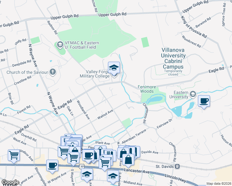 map of restaurants, bars, coffee shops, grocery stores, and more near 407 Radnor Road in Wayne