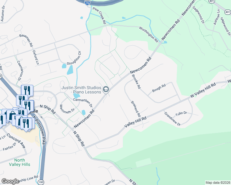map of restaurants, bars, coffee shops, grocery stores, and more near 508 Newcomen Road in Exton