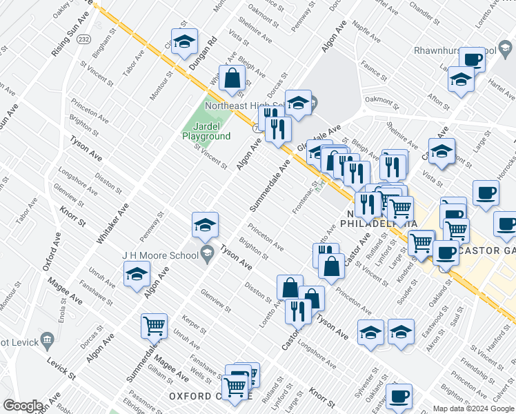 map of restaurants, bars, coffee shops, grocery stores, and more near 1201 Friendship Street in Philadelphia