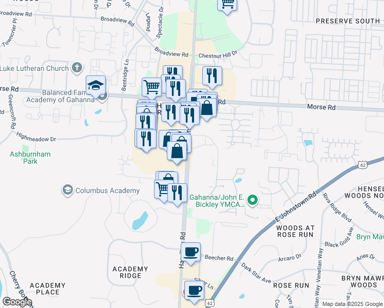 map of restaurants, bars, coffee shops, grocery stores, and more near in Gahanna